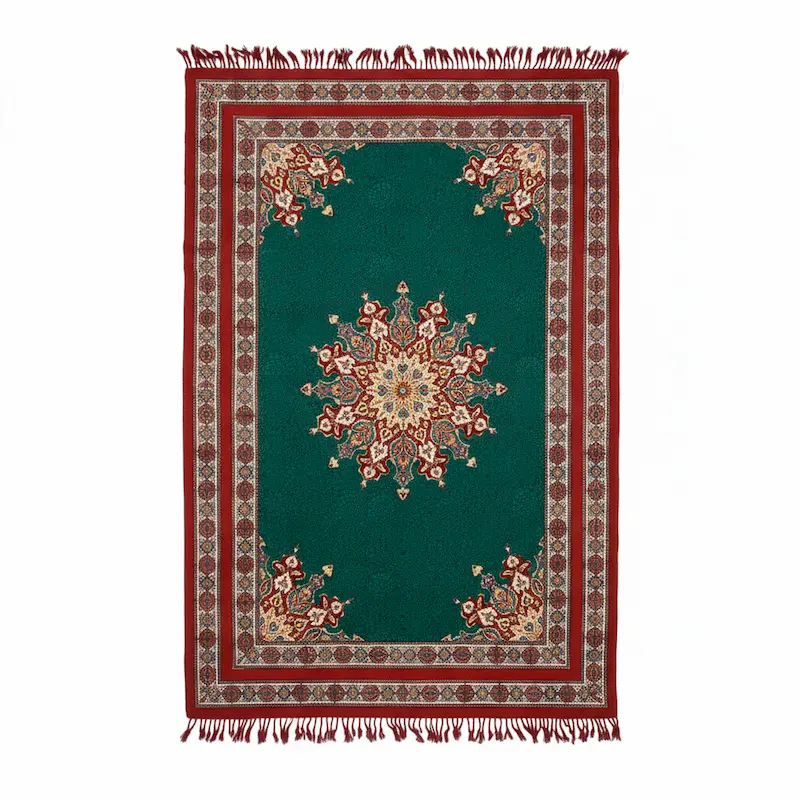 Emerald Green Persian Runner Rug – Cotton Table Cover with Fixed Colors