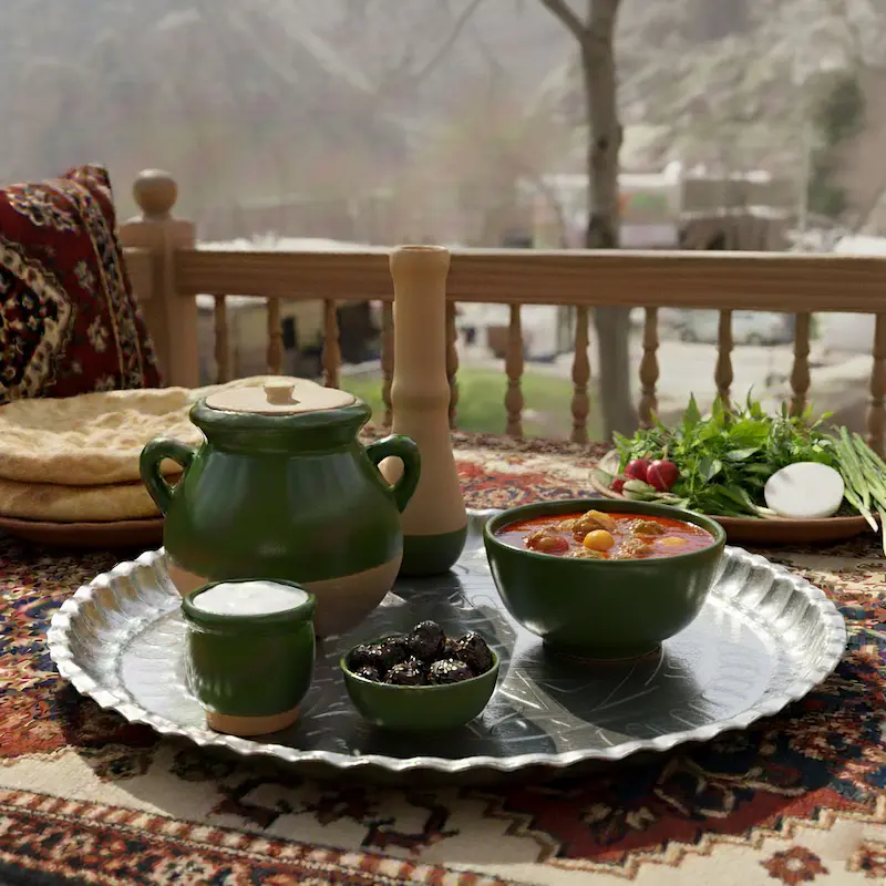 Handmade Dizi Dinner Set – Traditional Persian Tableware with Green Ceramic Bowls