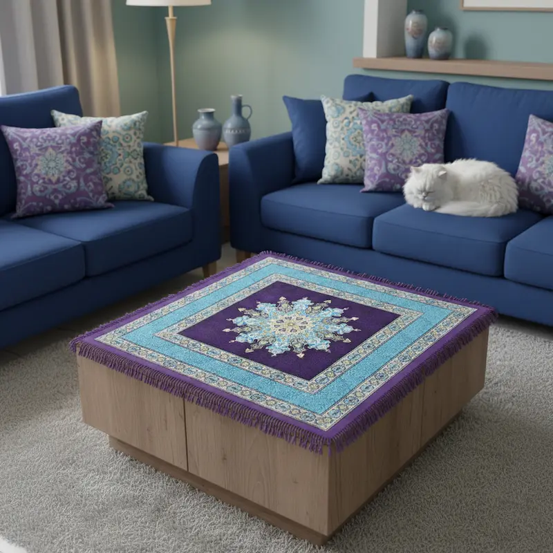 Turquoise & Purple Persian Table Cloth with Gold Floral Motif