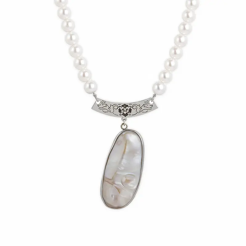 Persian Necklace: Handcrafted Silver Pendant with Cultured Pearl & Shell Stone