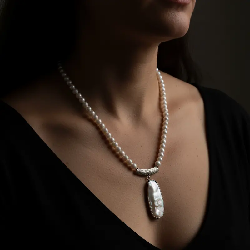 Handcrafted Persian Silver Necklace Pendant with Cultured Pearl