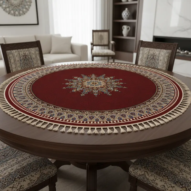 Persian Red Runner Table Cloth – Round Cotton Ghalamkari Design