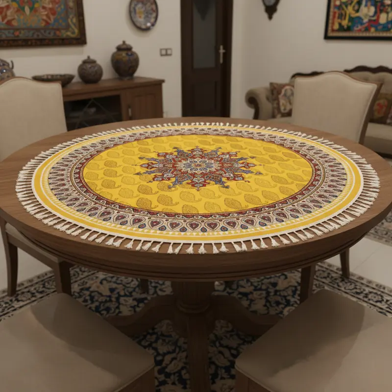 Toranj Bloom Persian Tablecloth – Round Ghalamkar Cotton Runner