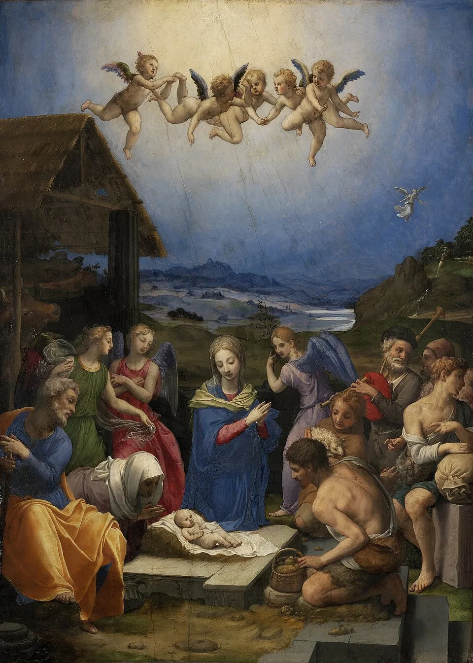 A symbolic painting of the moment of birth of Jesus Christ
