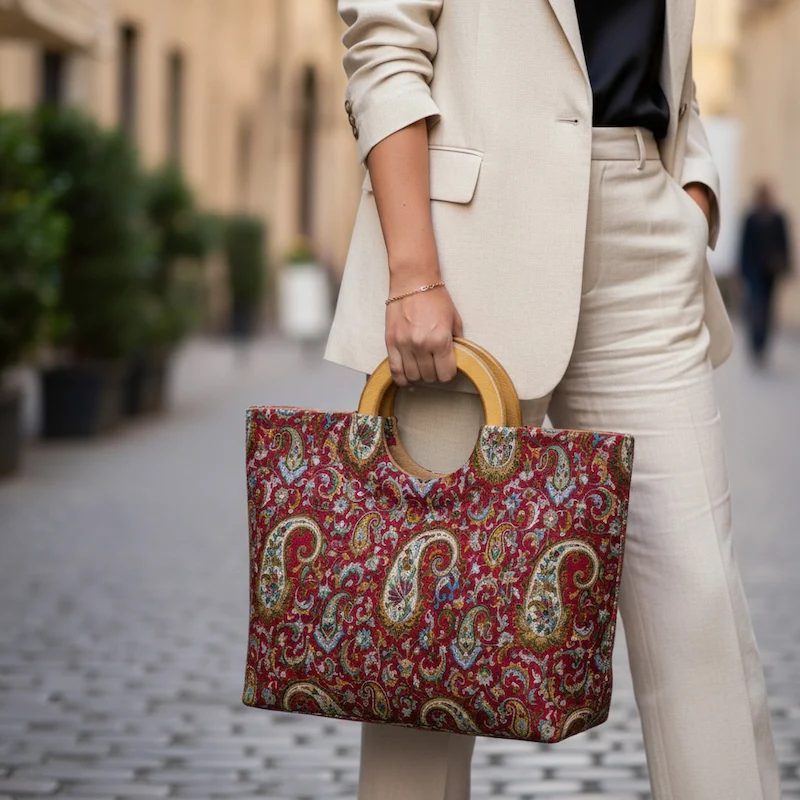 Sarvestan Silk Termeh Bag with Handcrafted Wooden Handle