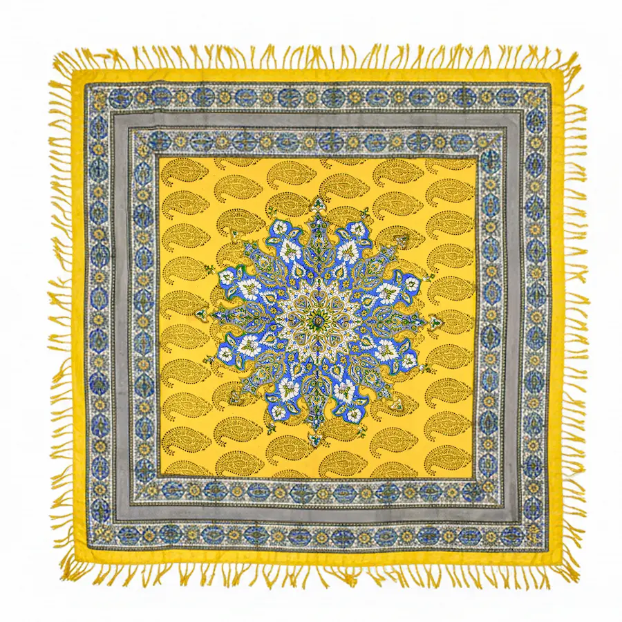 Golden Toranj Persian Table Cloth – Traditional Islimi Design with Gray and Blue Accents