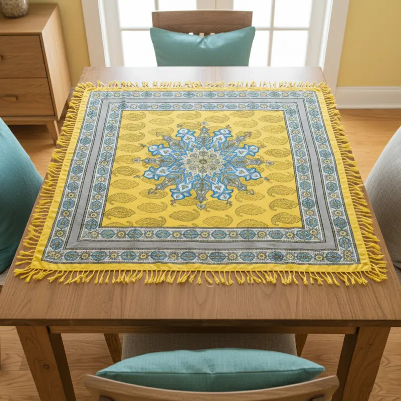 Golden Toranj Persian Table Cloth – Traditional Islimi Design with Gray and Blue Accents