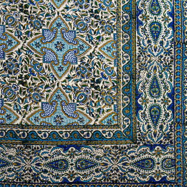 Handcrafted Persian Table Cloth with Traditional Blue Geometric Patterns