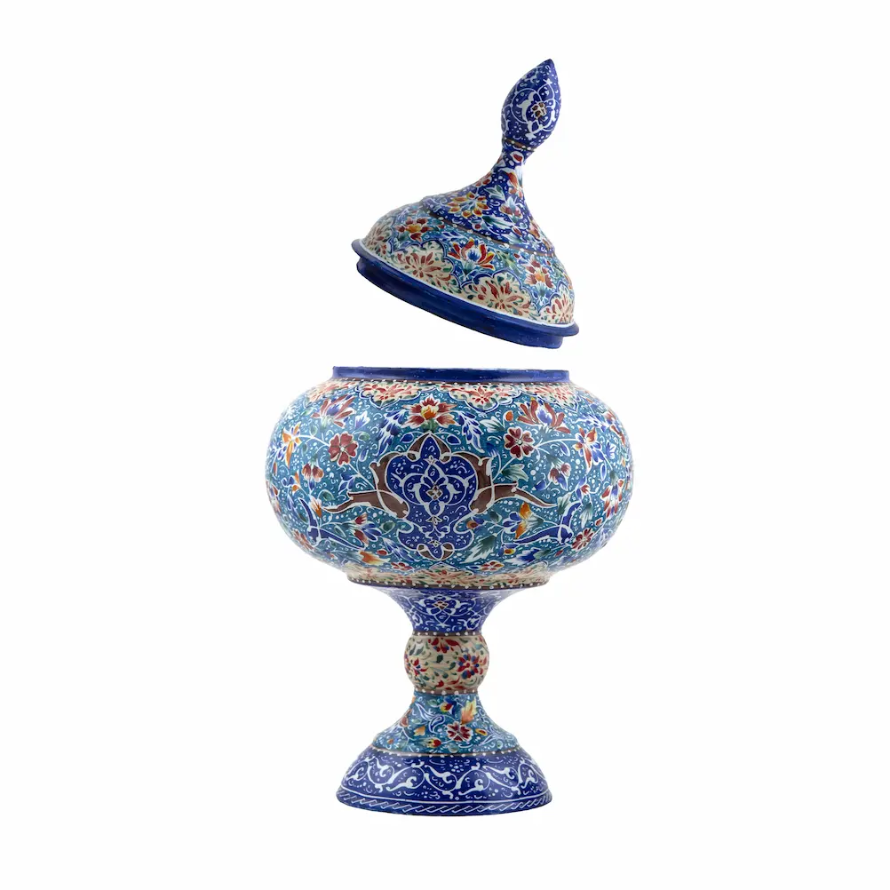 Persian Minakari Bowl – Multicolor Hand-Painted Copper Decorative Centerpiece