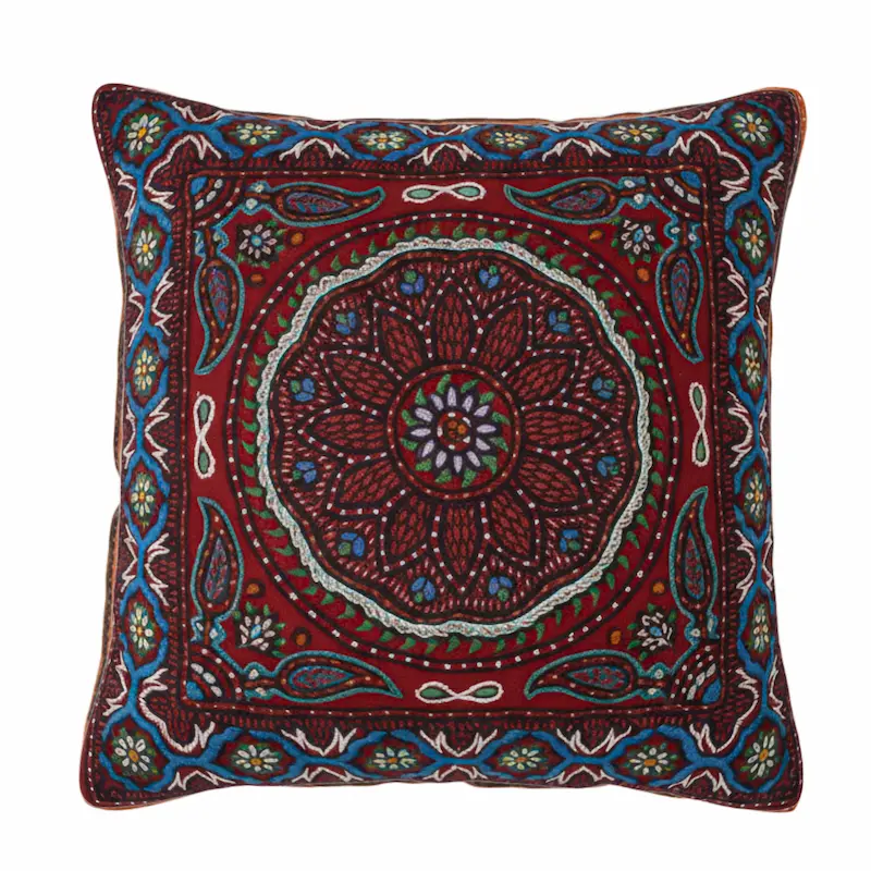Persian Pillows with Red Velvet Wool Cushions and Traditional Boostan Design