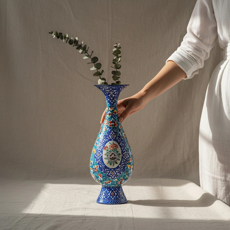 Persian Minakari Art Vase – Traditional Painted Metal