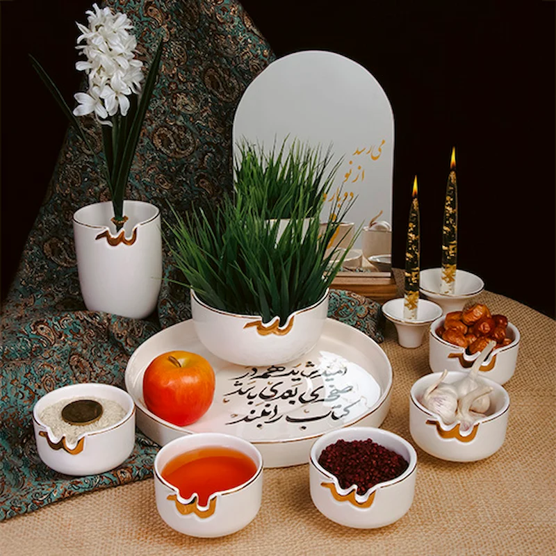 Handcrafted Ceramic Haft Seen Set - Nowruz Golden Touch
