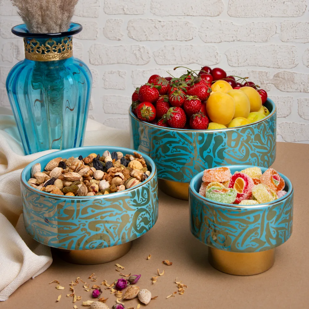 Handcrafted Turquoise Persian Calligraphy Bowl Set
