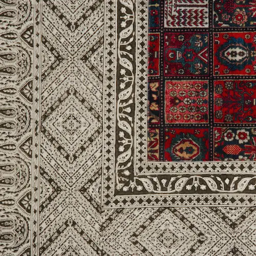 Handmade Kilim Motif Persian Tablecloth – Green Border Ghalamkar Textile