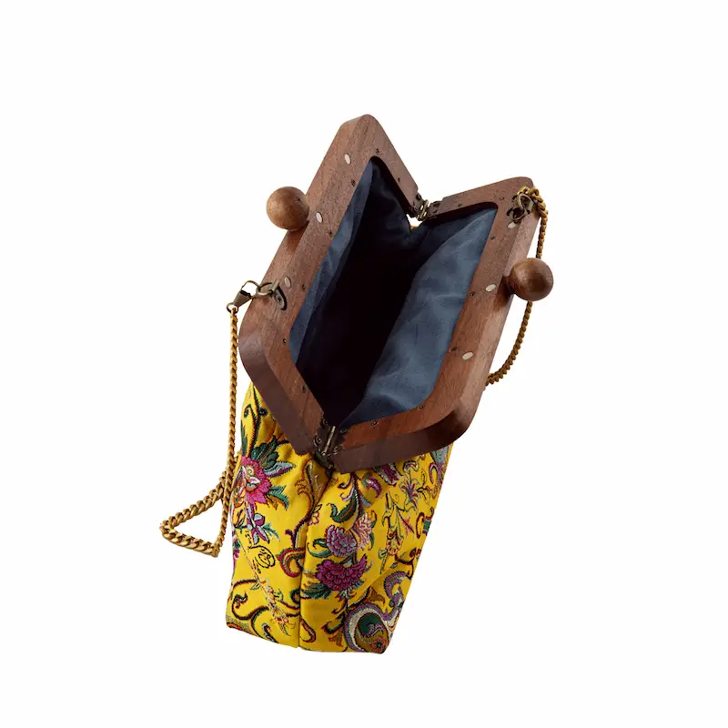 Persian Termeh Bag with Handmade Walnut Wood Closure – Katayoun Design