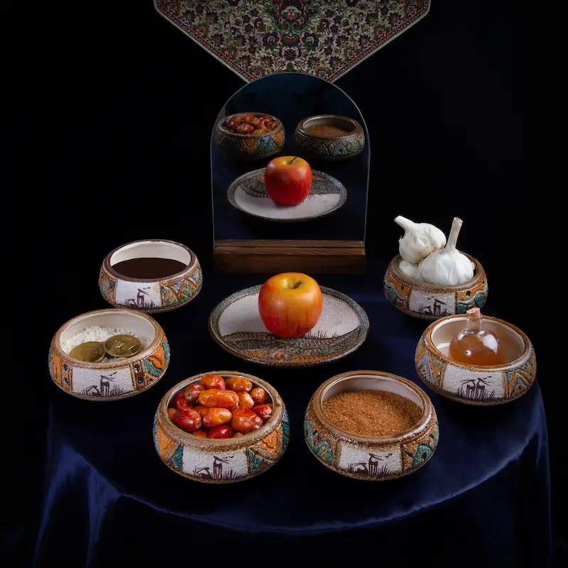 Traditional Persian Haft Seen Set - Handcrafted Ceramic Four Gardens with Wooden Mirror
