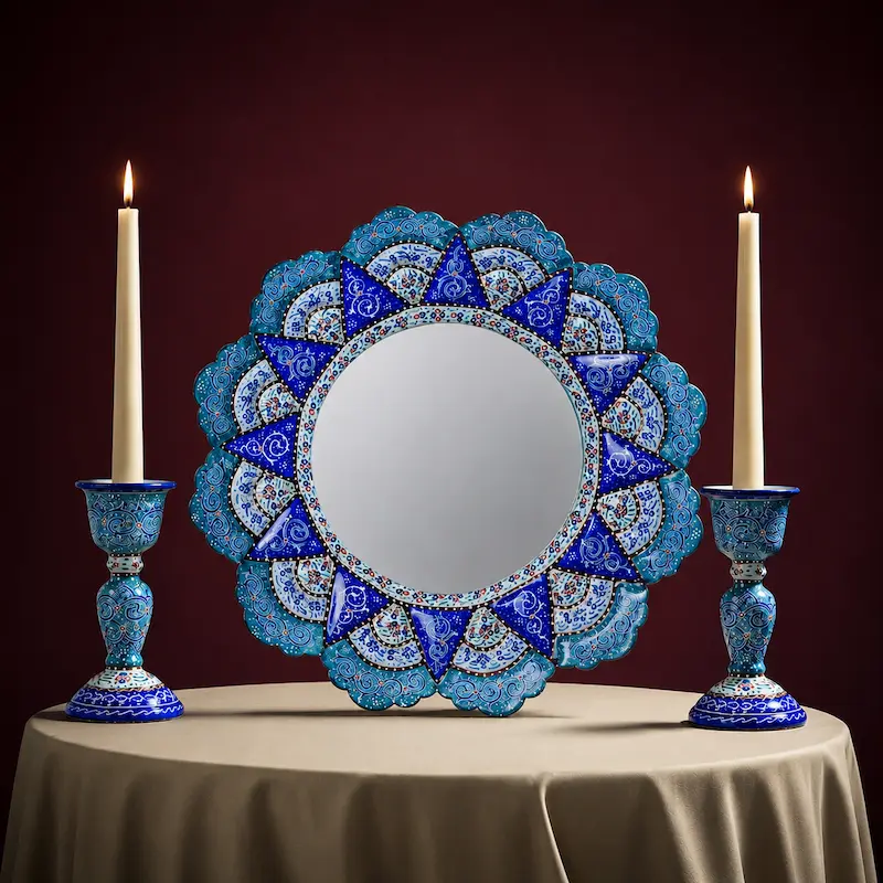 Enamel Persian Mirror & Candle Holder Set – Copper Mina Kari Décor