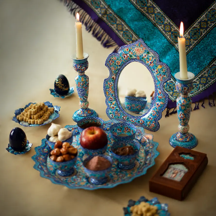 Mina Kari Haft Sin Set –Traditional Persian Nowruz Tableware with Mirror and Candlesticks