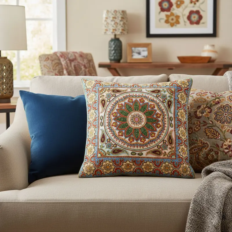 Persian Cushion Cover – Cream Velvet & Boteh Motif Wool Stitching
