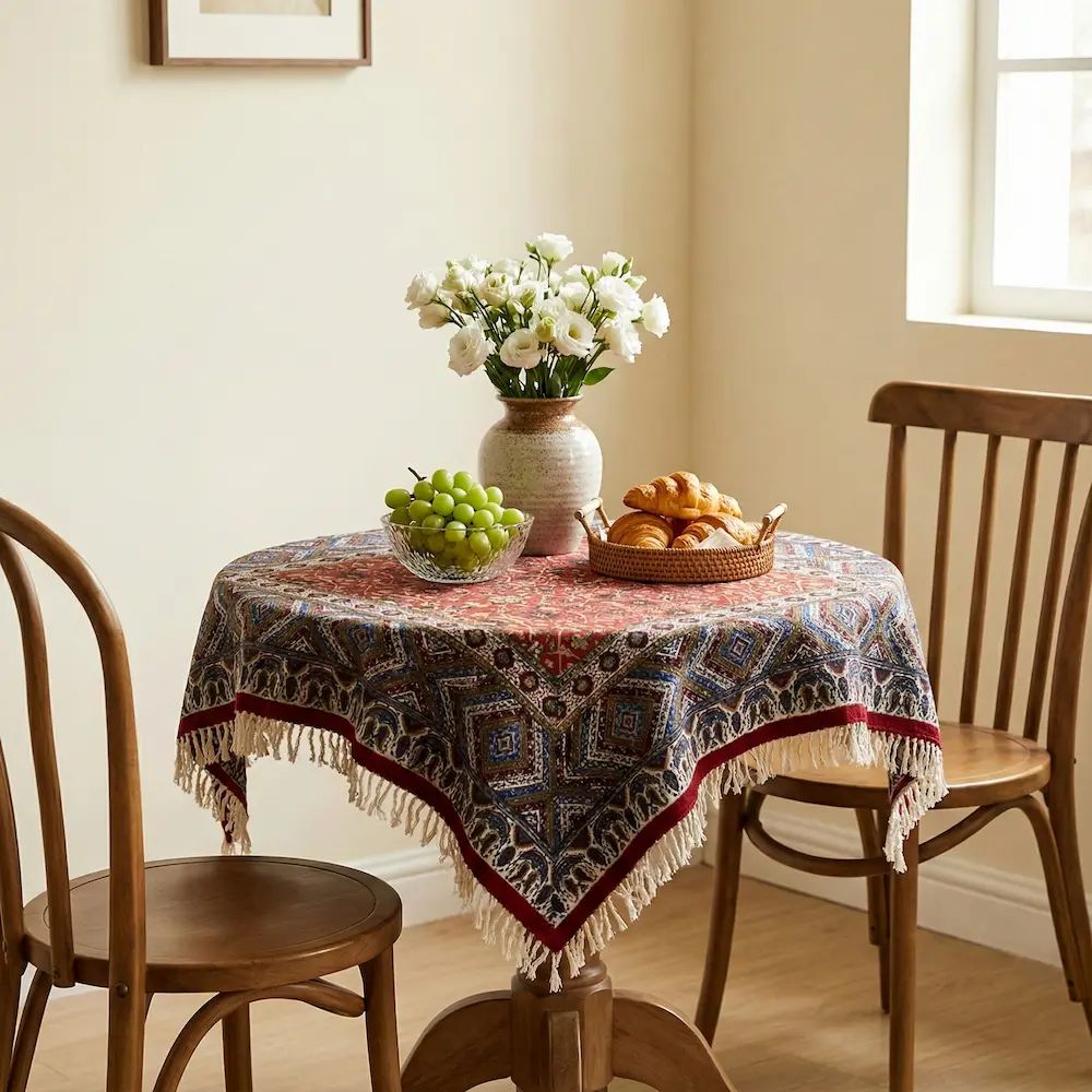 Persian Ghalamkar Tablecloth – Kilim Pattern Blue Border Handcrafted Persian Tablecloth