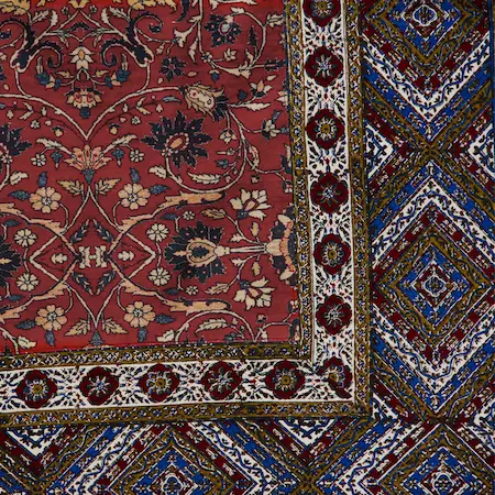 Persian Ghalamkar Tablecloth – Kilim Pattern Blue Border Handcrafted Persian Tablecloth