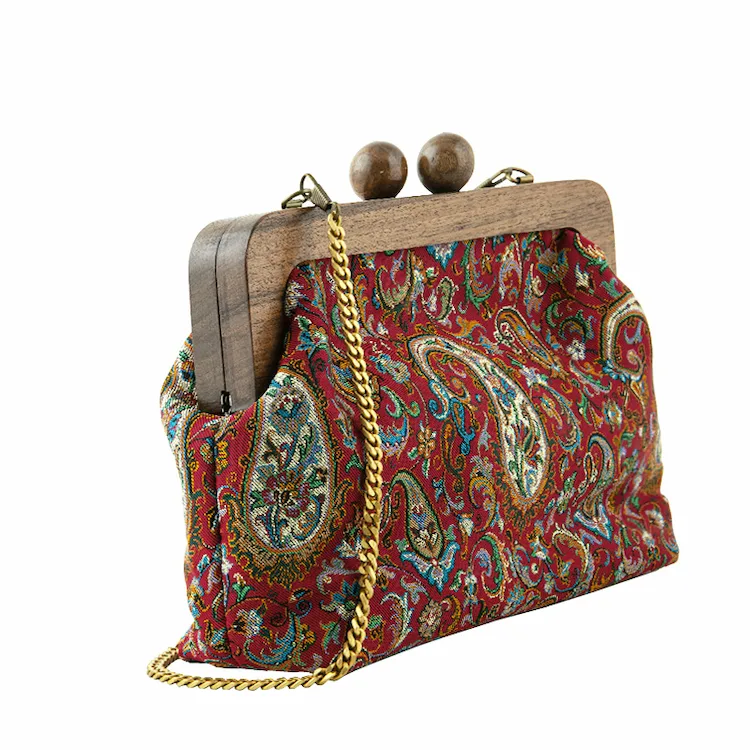 Red Persian Termeh Bag – Handmade Walnut Wood Frame Persian Bag