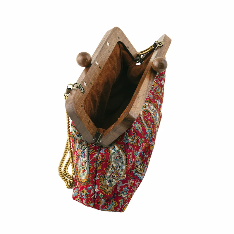 Red Persian Termeh Bag – Handmade Walnut Wood Frame Persian Bag