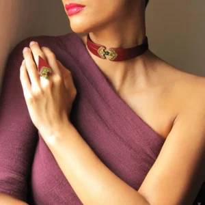 Green Stone Persian Necklace Choker – Handmade Leather and Brass Persian Jewelry