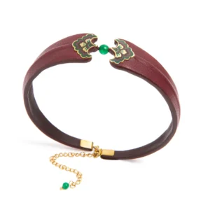 Green Stone Persian Necklace Choker – Handmade Leather and Brass Persian Jewelry