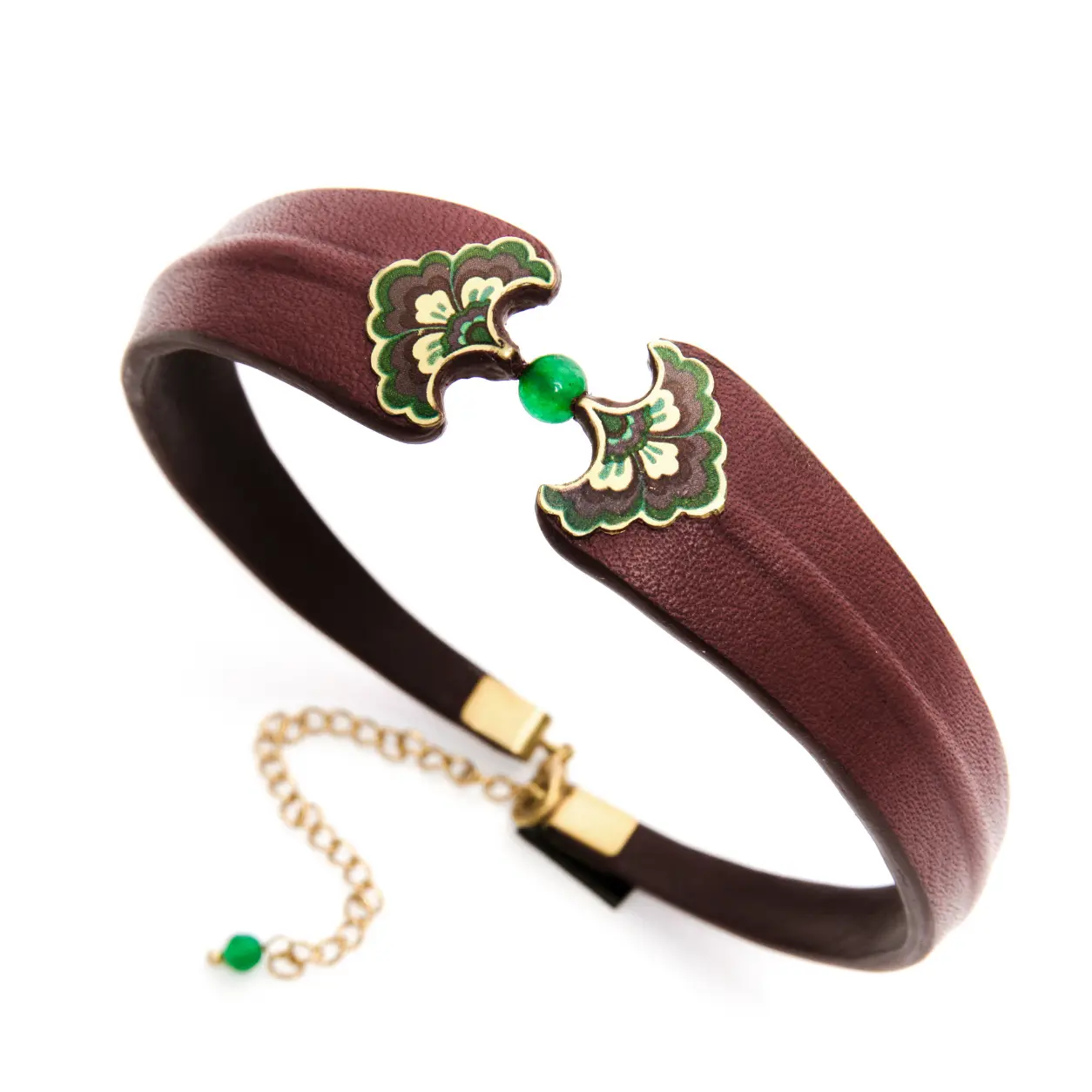 Green Stone Persian Necklace Choker - Handmade Leather and Brass Persian Jewelry