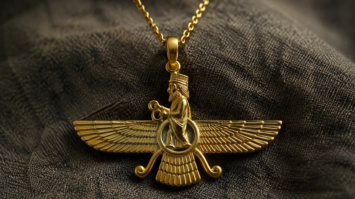 Close-up of a solid gold Farvahar pendant necklace