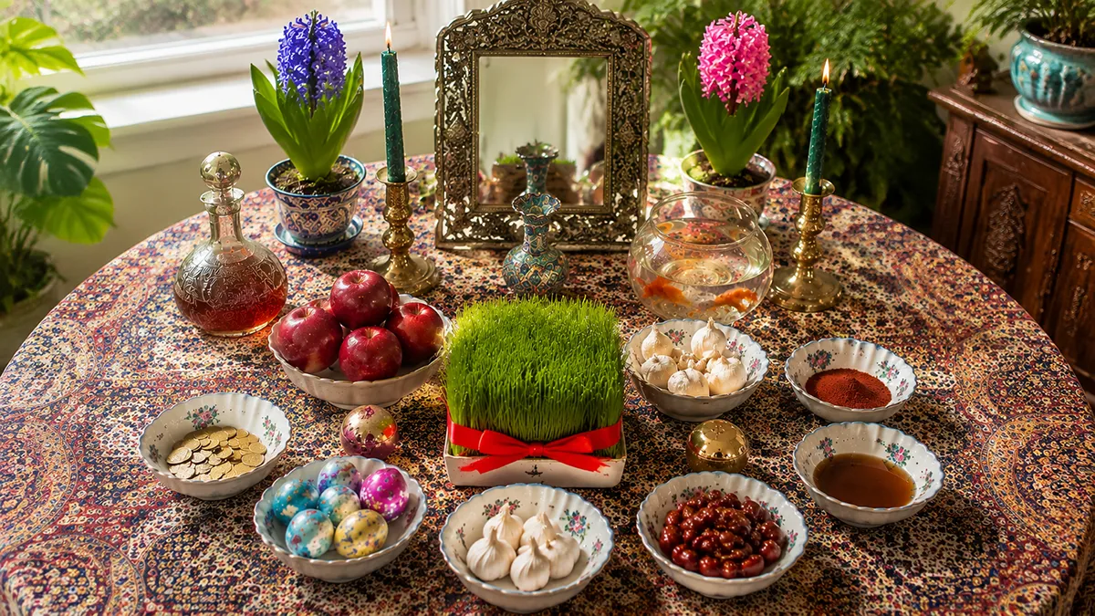 A fully arranged Haft Seen table set for Nowruz