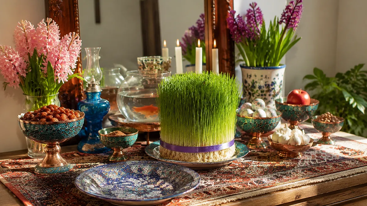 A beautifully arranged Haft Sin table with mixed traditional styles