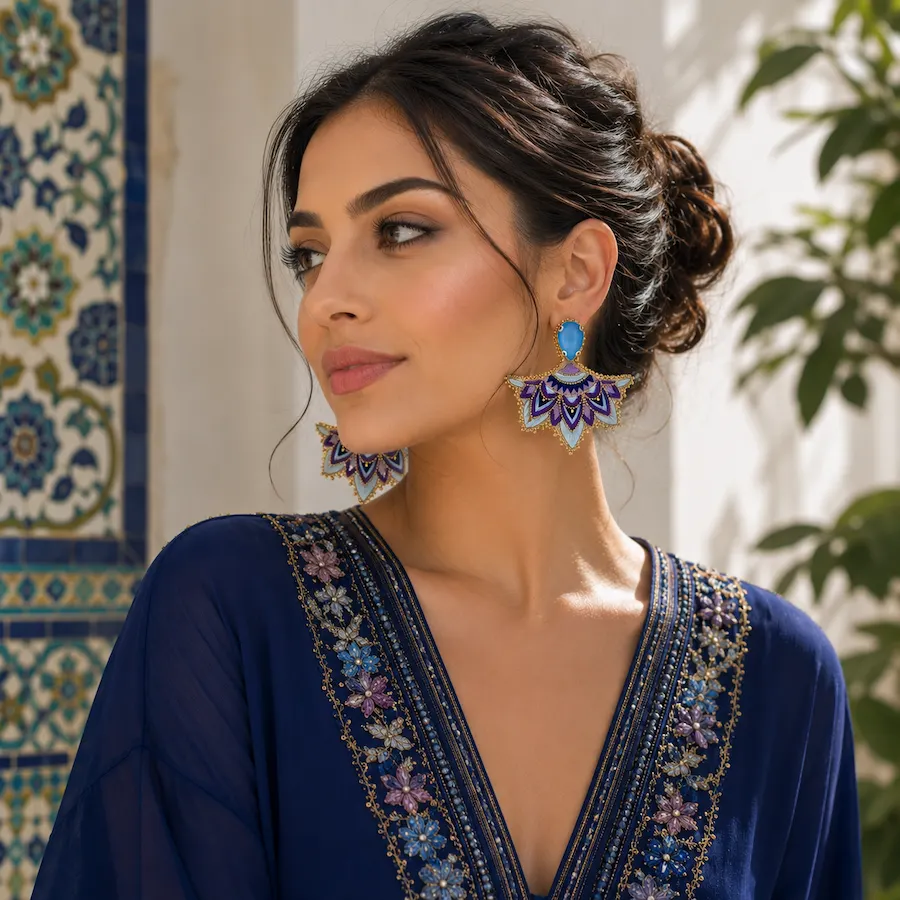 Hand Embroidered Persian Earrings with Turquoise Stone