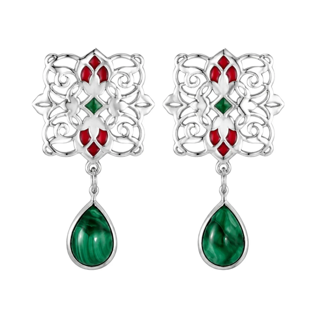 Persian 925 Silver Earrings with Malachite Stone