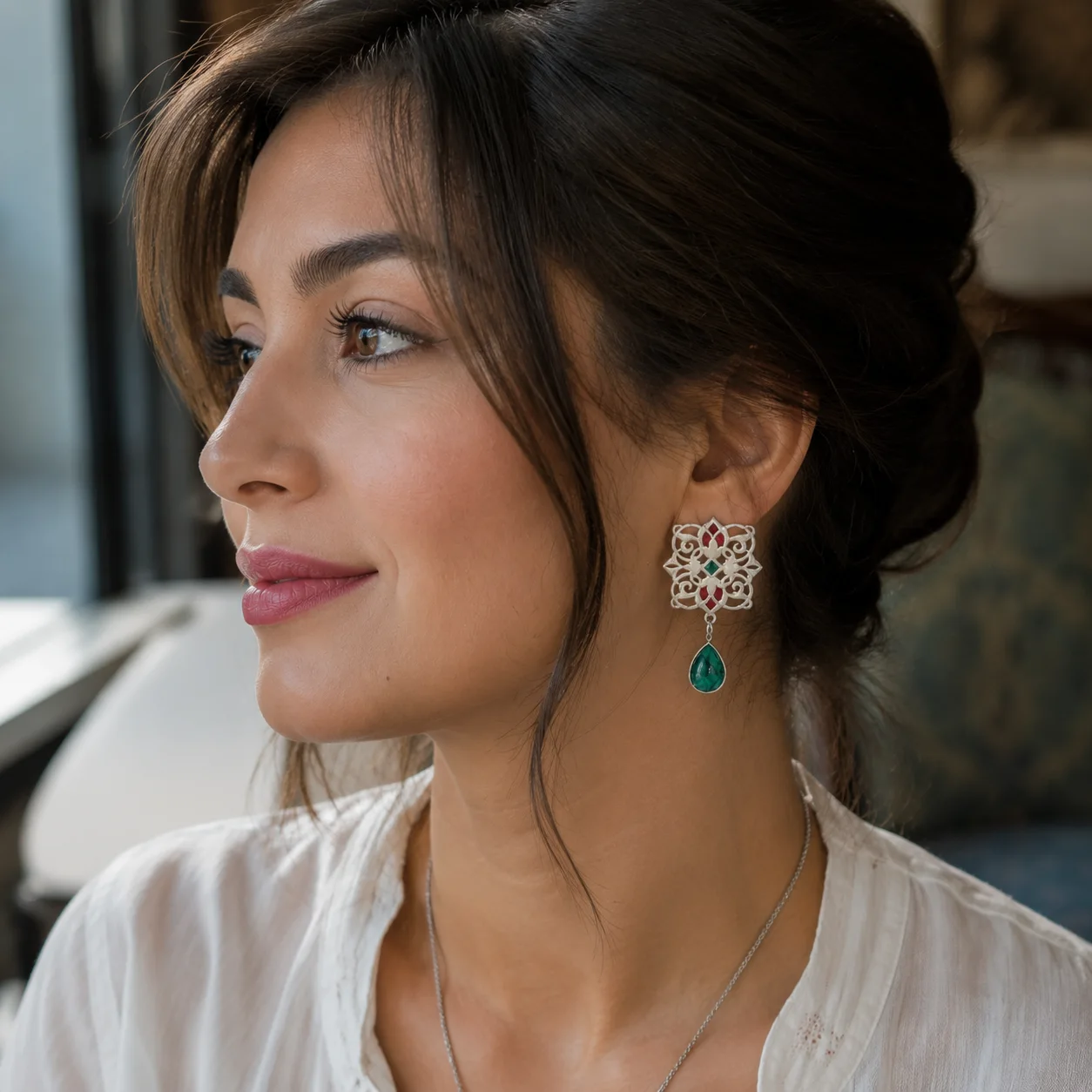 Persian 925 Silver Earrings with Malachite Stone
