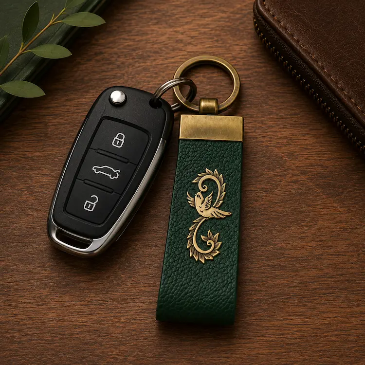 Persian leather keychain with Ghalamzani Brass Plaque