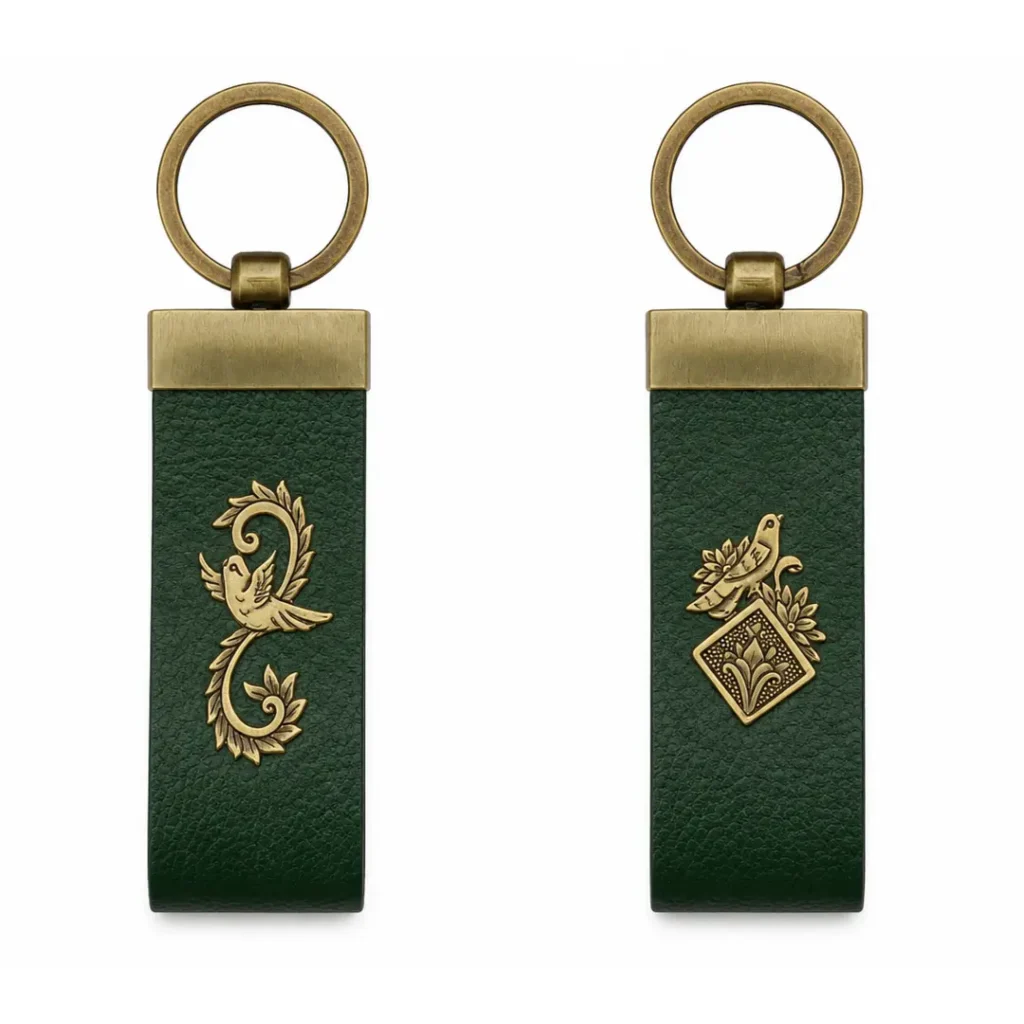 Persian leather keychain with Ghalamzani Brass Plaque