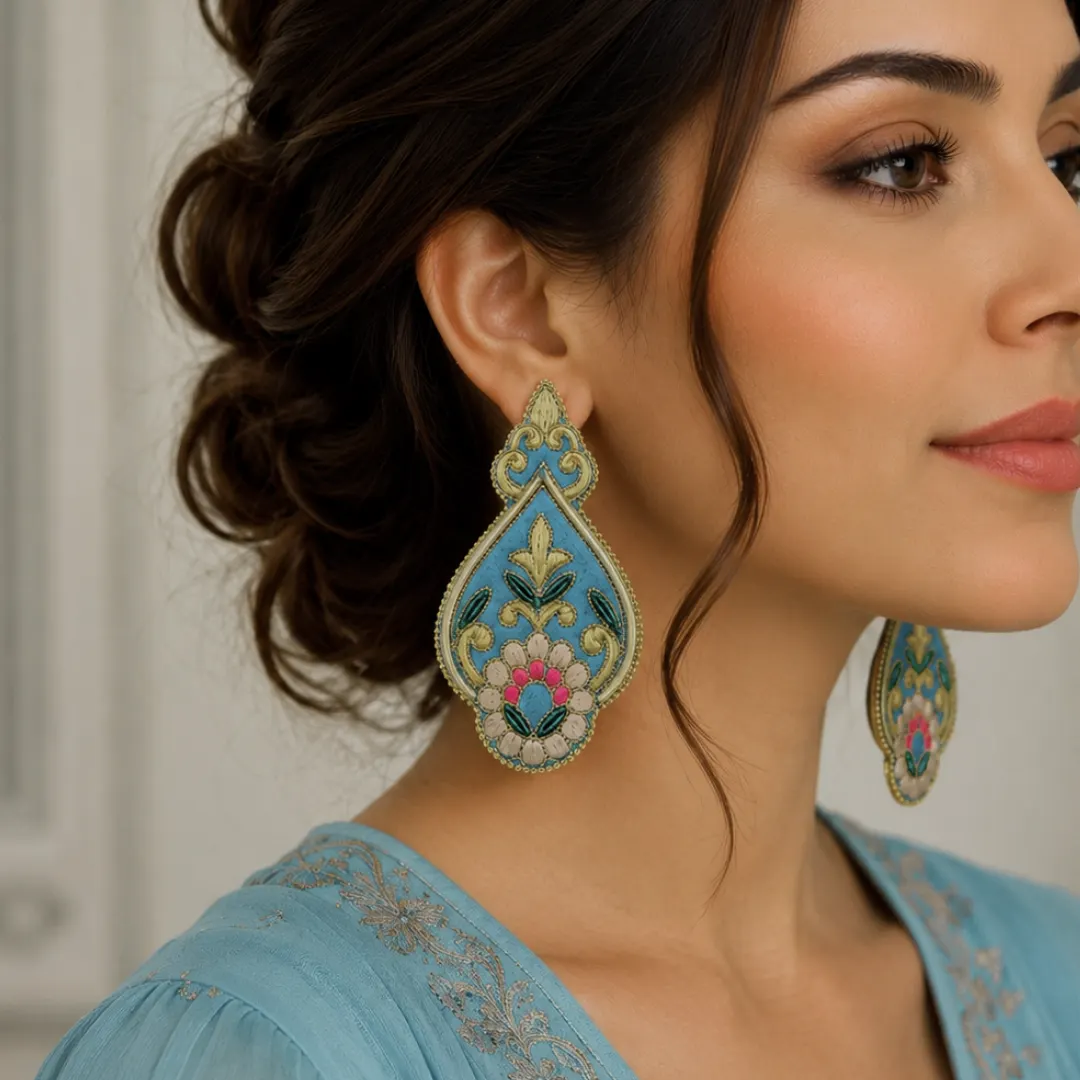 Roya Persian Embroidered Earrings - Hand-Sewn Statement Jewellery