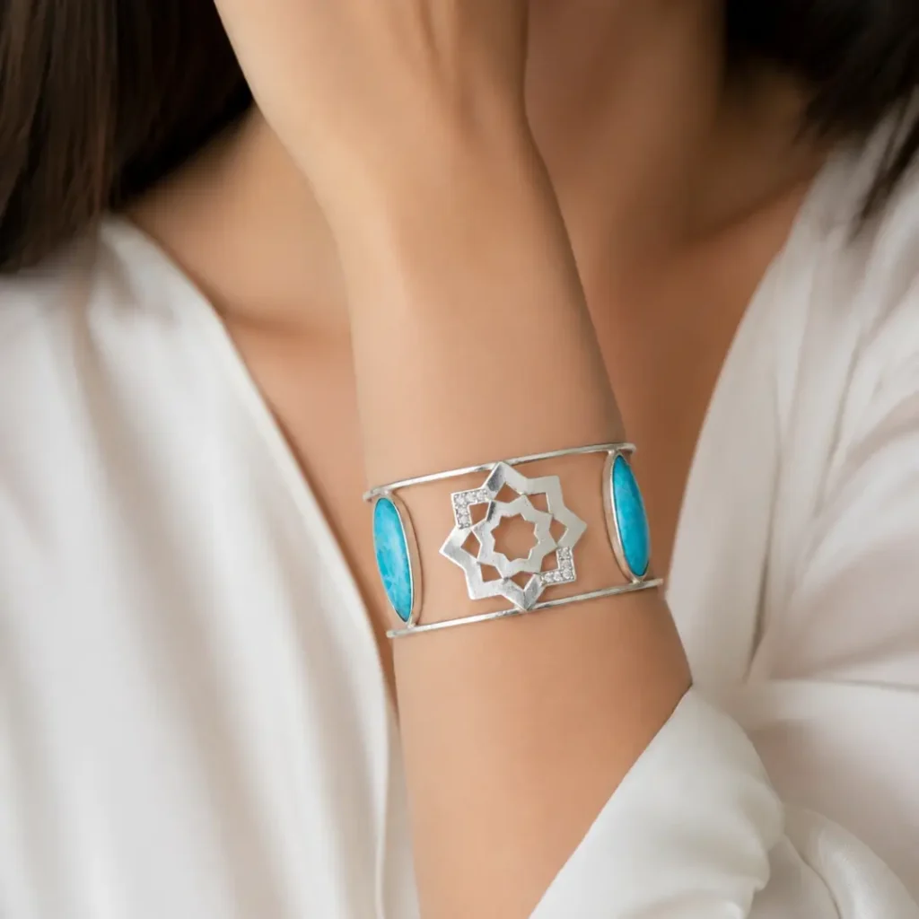 Shamsa Persian Turquoise Bracelet _ Handmade Sterling Silver Bangle