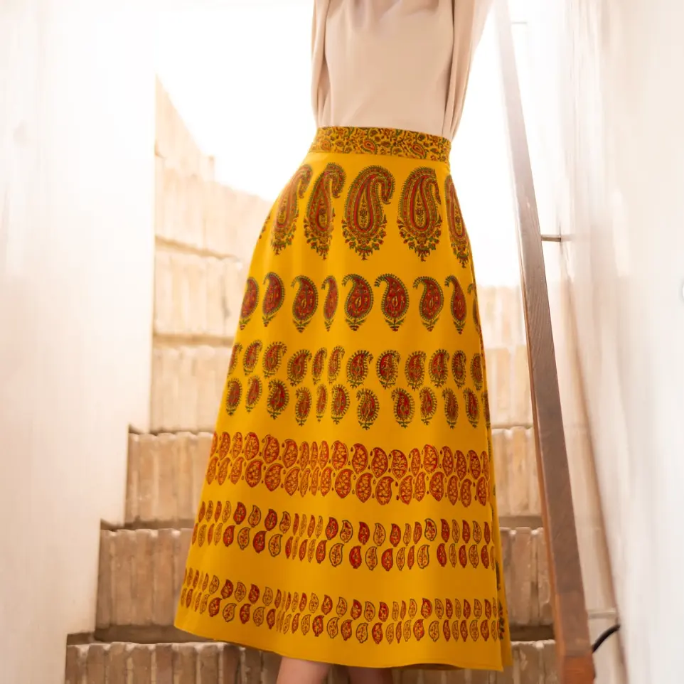 Traditional Persian Skirt in Hand-Printed Qalamkar Linen with Boteh Design