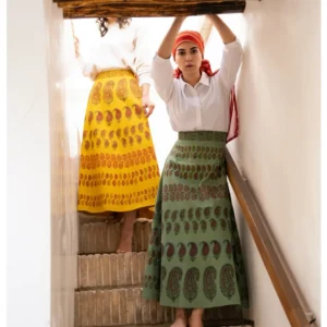 Traditional Persian Skirt in Hand-Printed Qalamkar Linen with Boteh Design