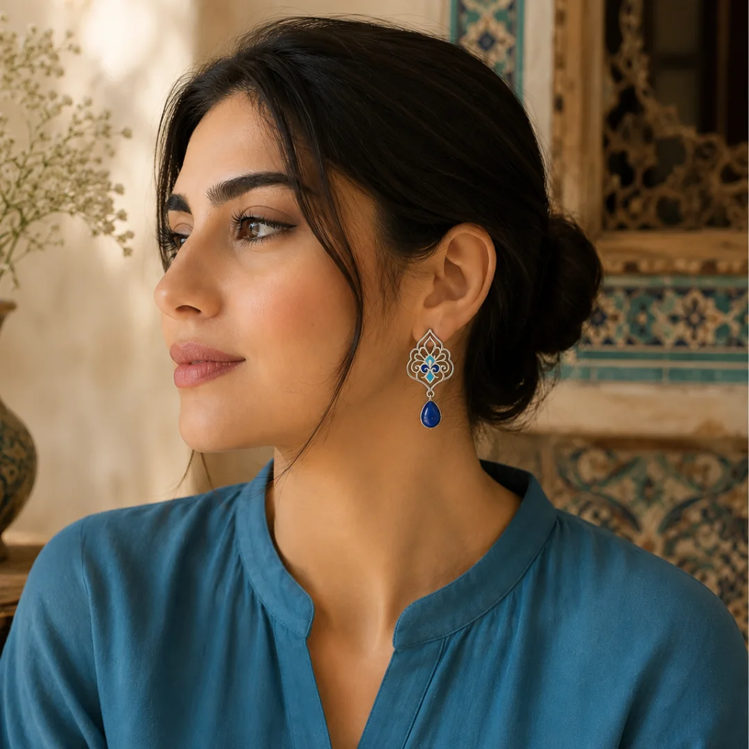 Women Persian Silver Earrings with Lapis Lazuli