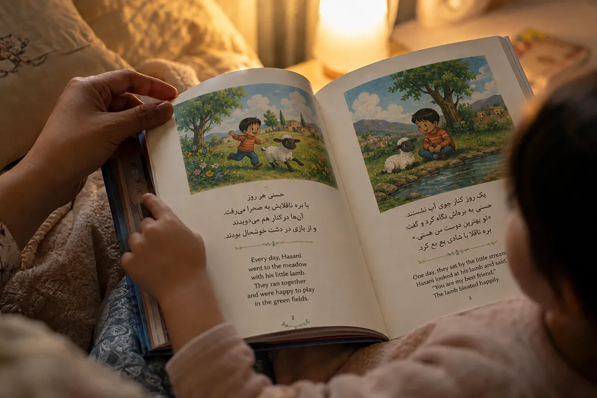 Parent and young child reading a Farsi and English bilingual Persian storybook together