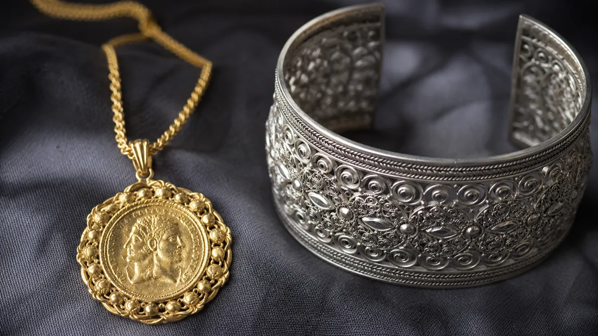 Gold and silver Persian jewellery pieces displayed side by side showing colour and design differences