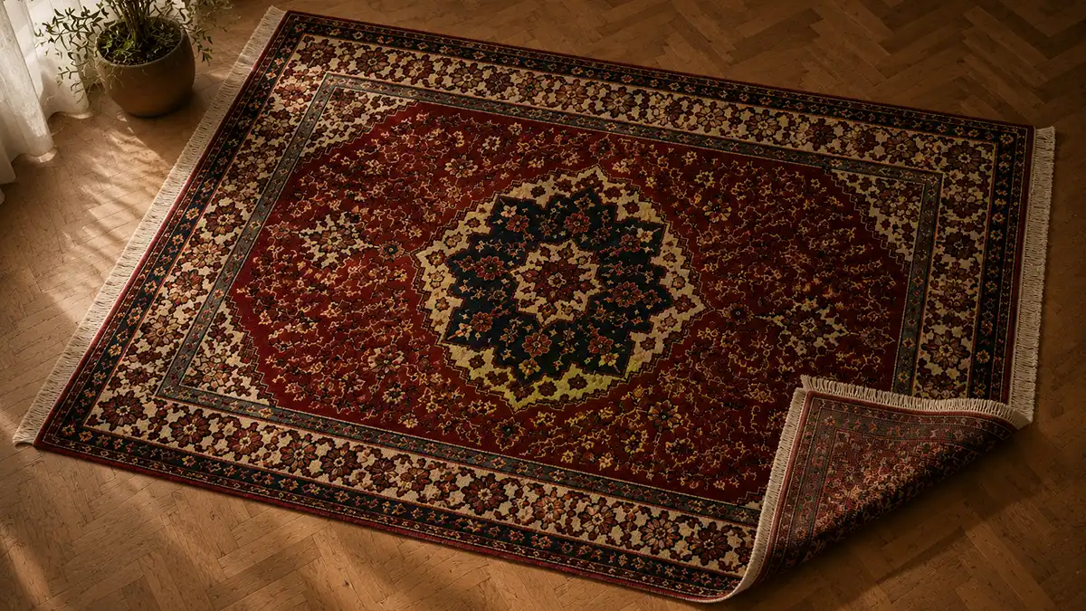 Authentic hand-knotted Persian rug with a central medallion design viewed from above