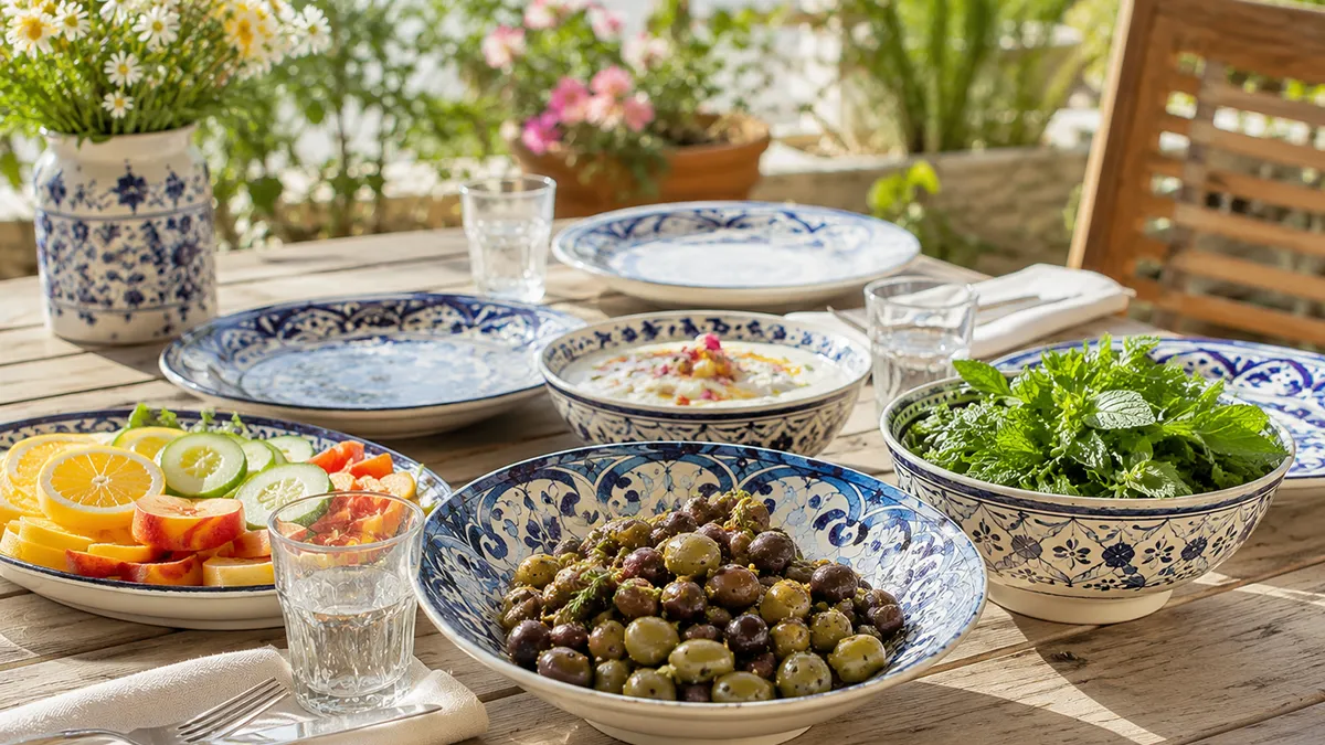 Hand-painted Persian ceramic tableware styled on a wooden table for summer entertaining outdoors