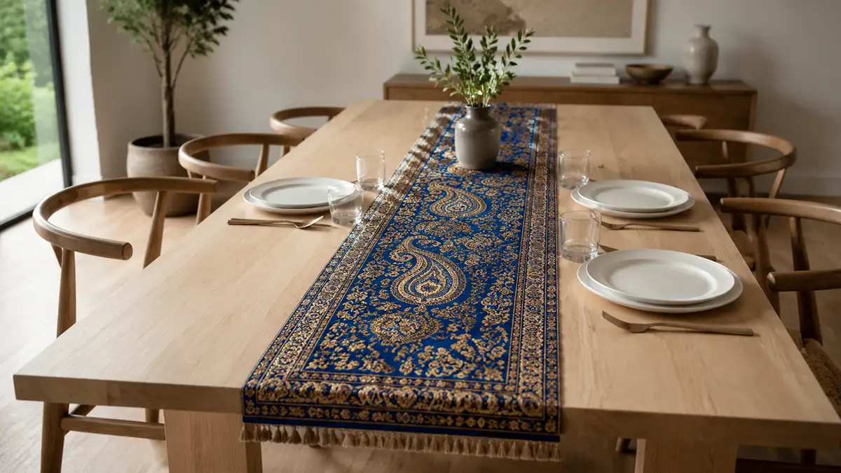 Persian termeh table runner styled on a modern dining table in a bright, minimalist home