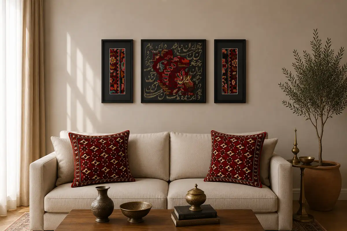 Handwoven Persian tableau rug displayed as wall art in a living room