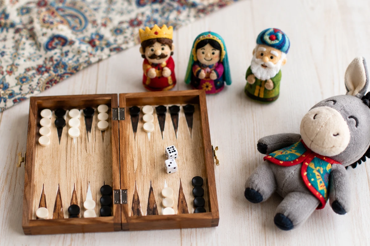 Persian themed toys for toddlers including a mini backgammon set and finger puppets